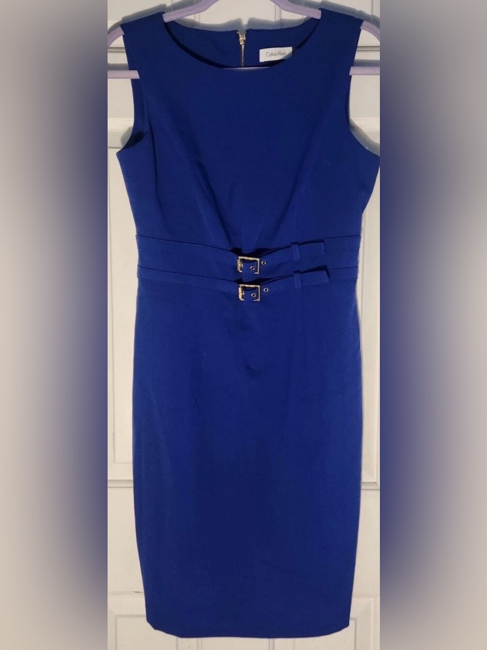 Calvin Klein Sleeveless Faux Belt Accent Atlantis Blue Sheath Dress Size 2